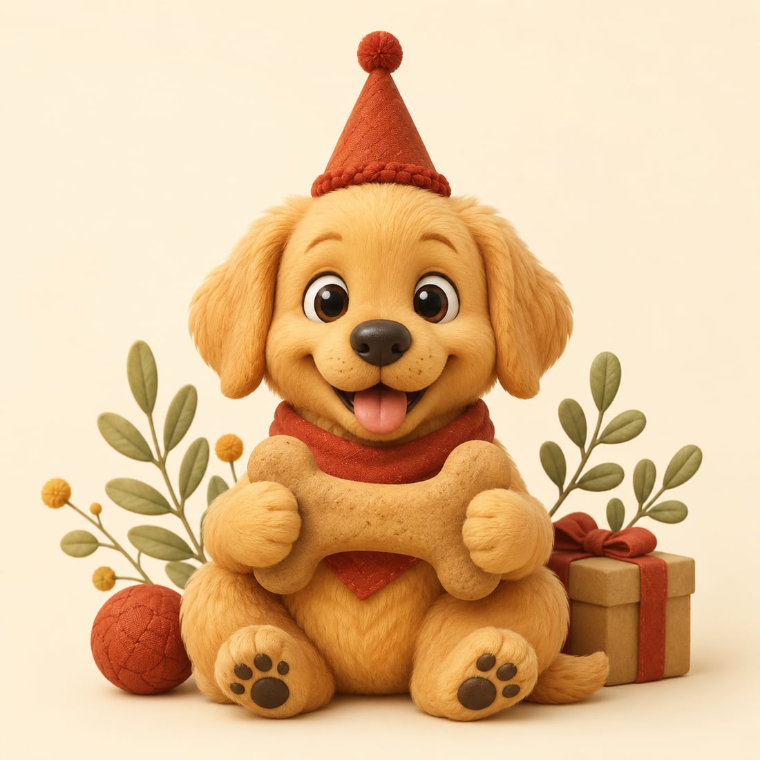 A golden puppy in a party hat happily holding a Prairie Bones beef bone