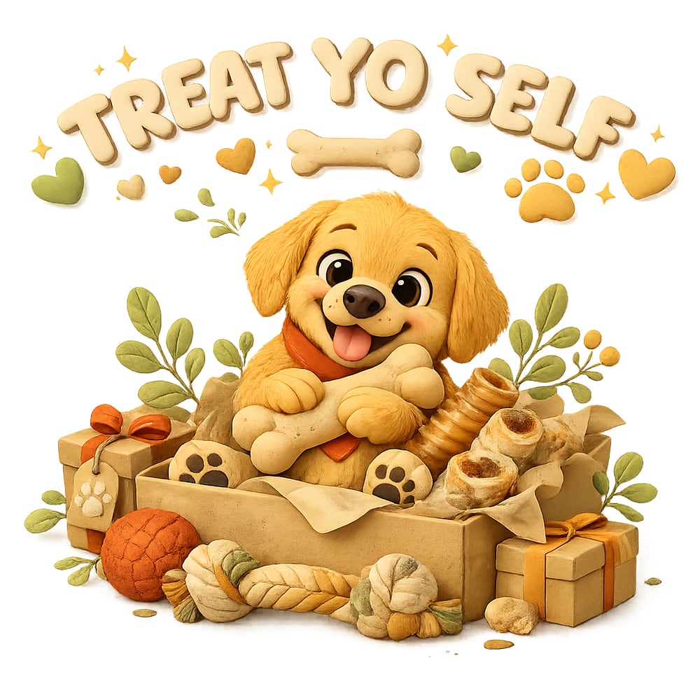 A happy golden puppy sitting in a box overflowing with beef bones and chews