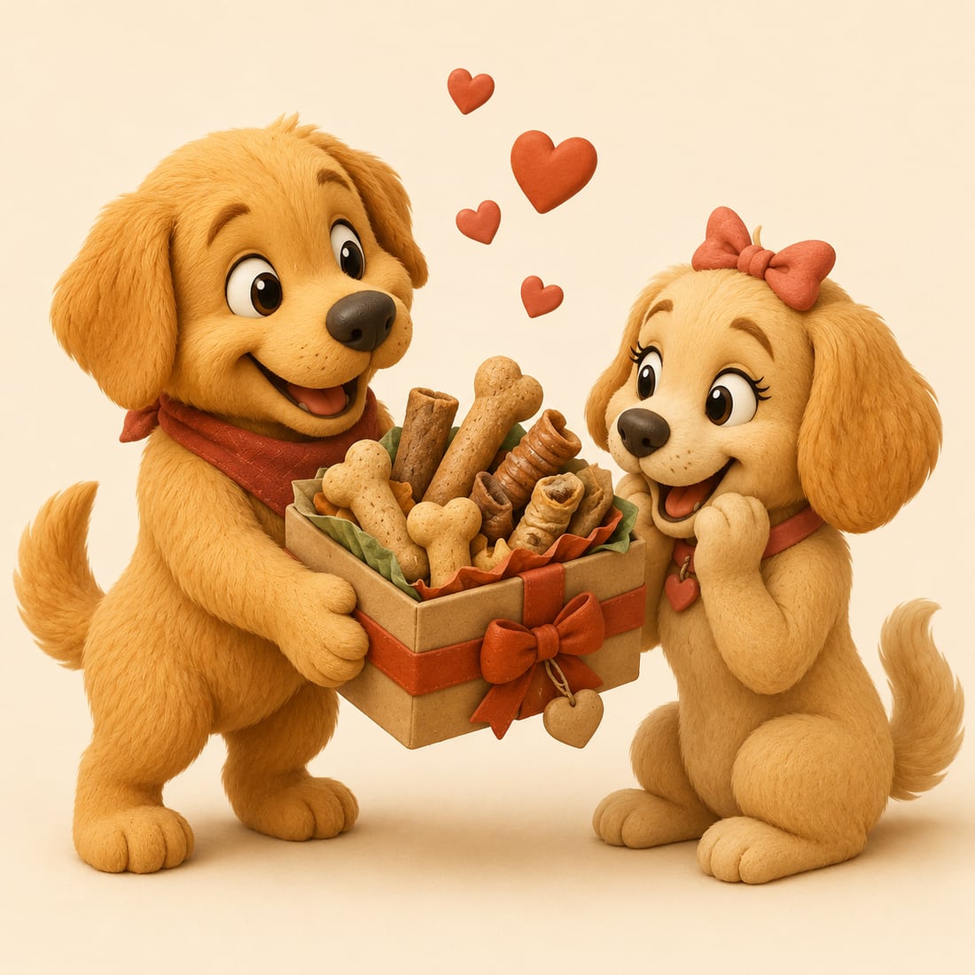 A golden puppy giving a beef-treat gift box to another dog, with hearts floating above